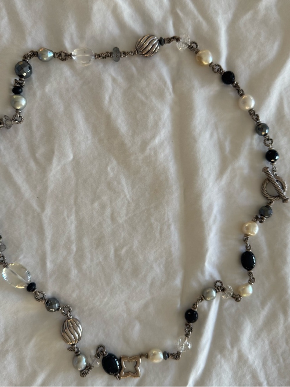 David Yurman Bead Necklace & coordinating bracelet set onyx,White pearl, Silver